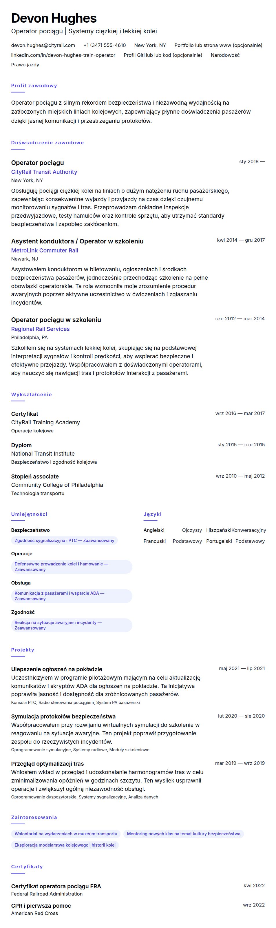Podgląd CV Przykład CV operatora pociągu