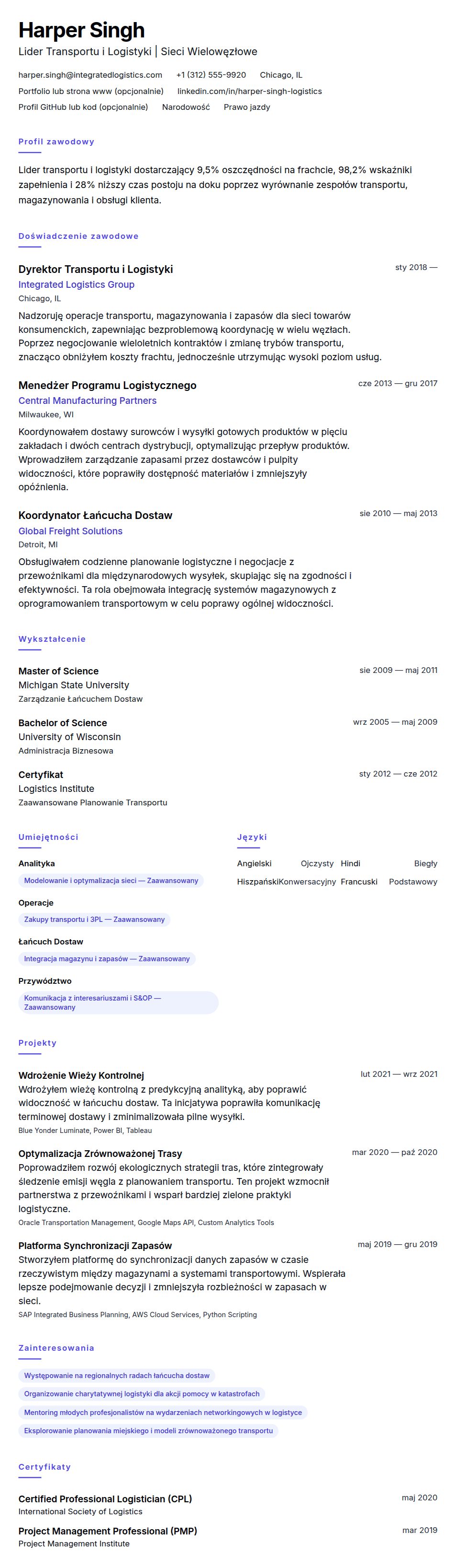 Podgląd CV Przykładowe CV Specjalisty ds. Transportu i Logistyki