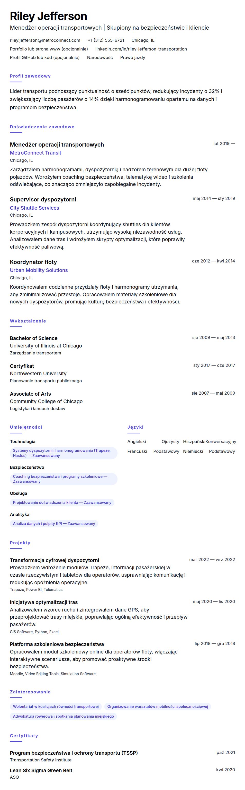 Przykładowe CV profesjonalisty w transporcie