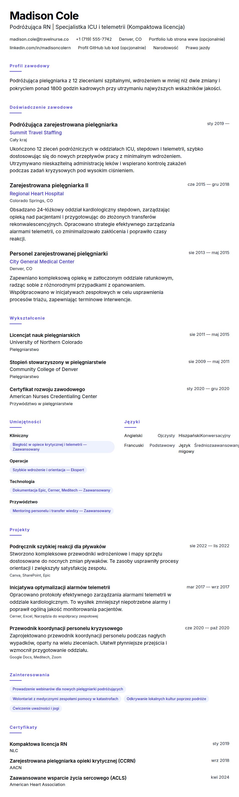Podgląd CV Przykład CV pielęgniarki podróżującej