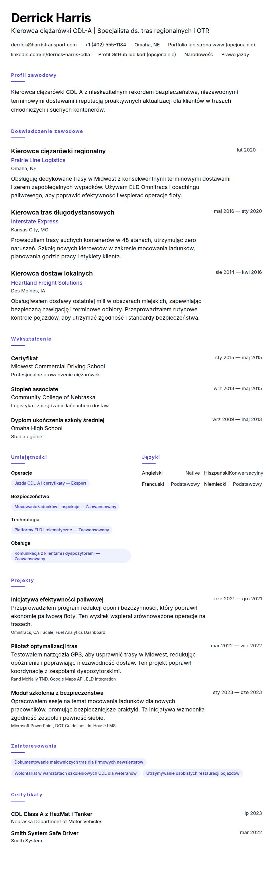 Podgląd CV Przykładowe CV kierowcy ciężarówki