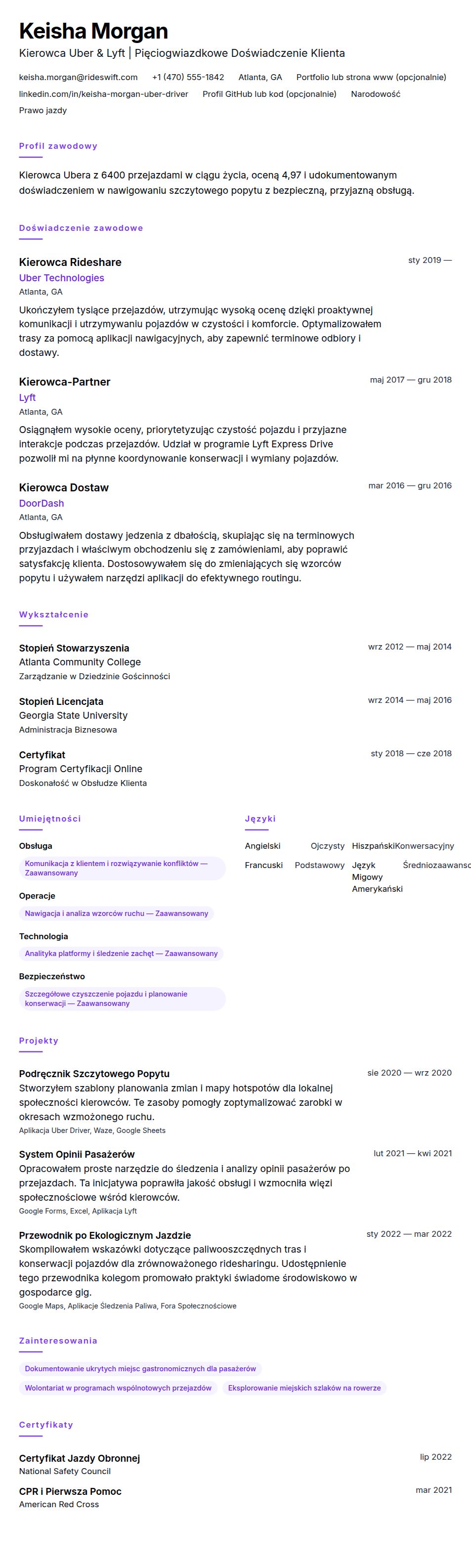 Przykładowe CV Kierowcy Ubera