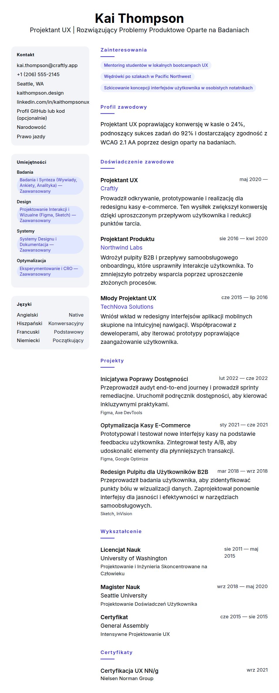 Podgląd CV Przykładowe CV Projektanta UX