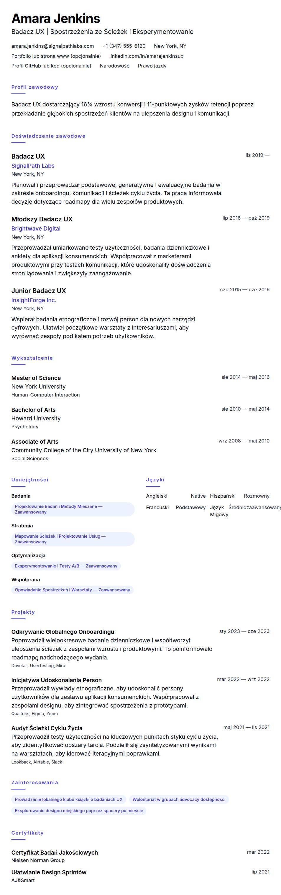 Podgląd CV Przykładowe CV Badacza UX