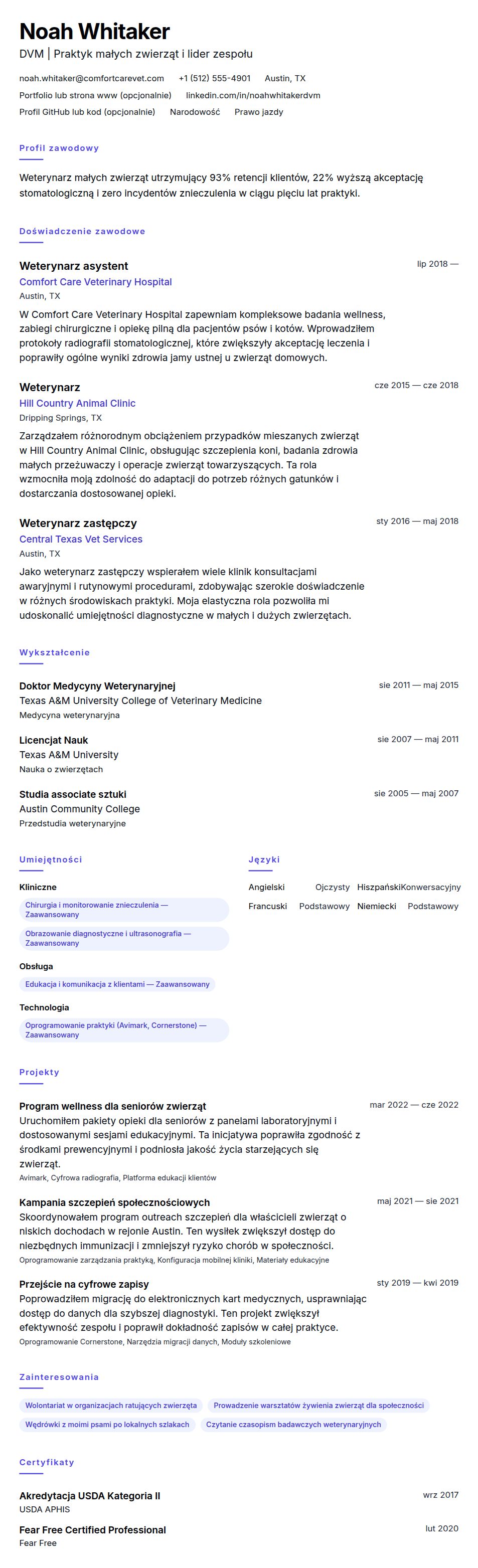 Podgląd CV Przykładowe CV weterynarza