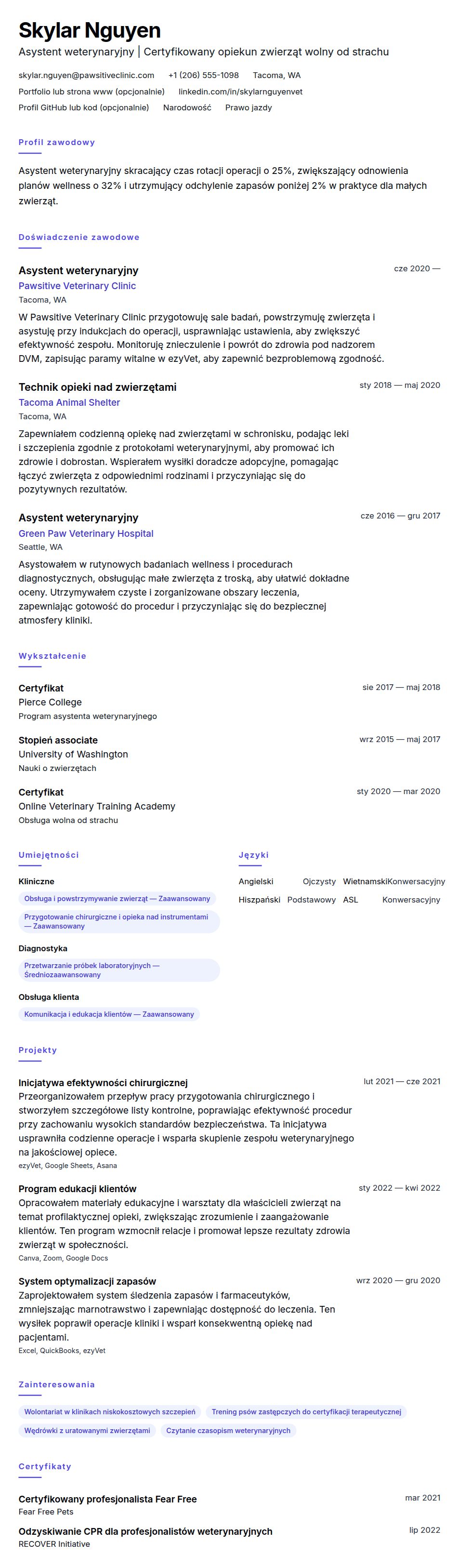 Podgląd CV Przykładowe CV asystenta weterynaryjnego
