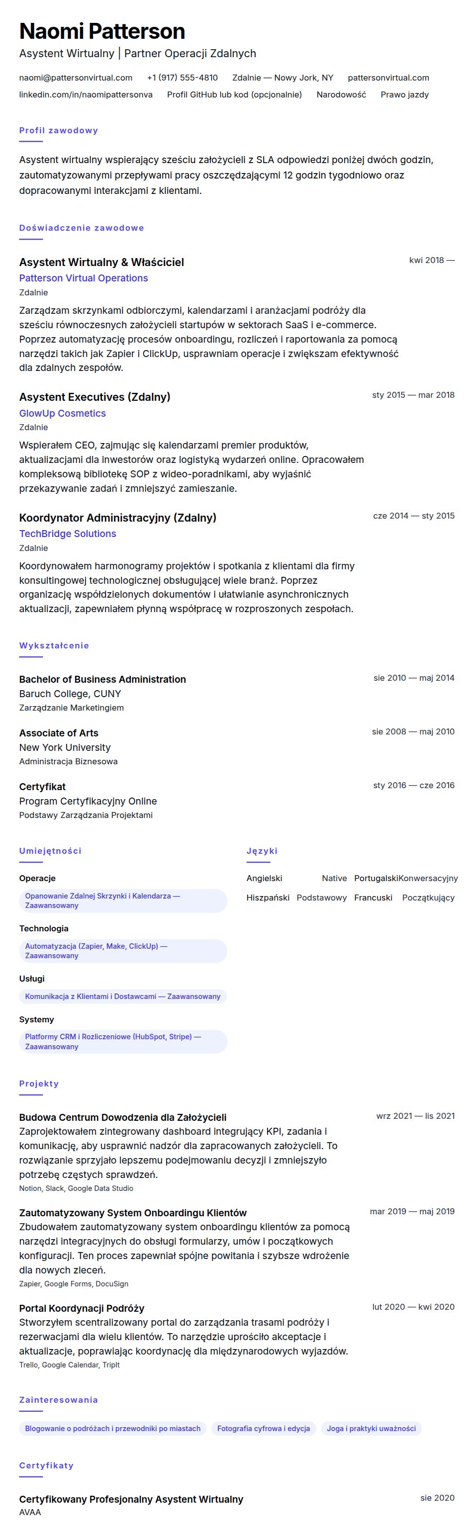 Podgląd CV Przykład CV Asystenta Wirtualnego