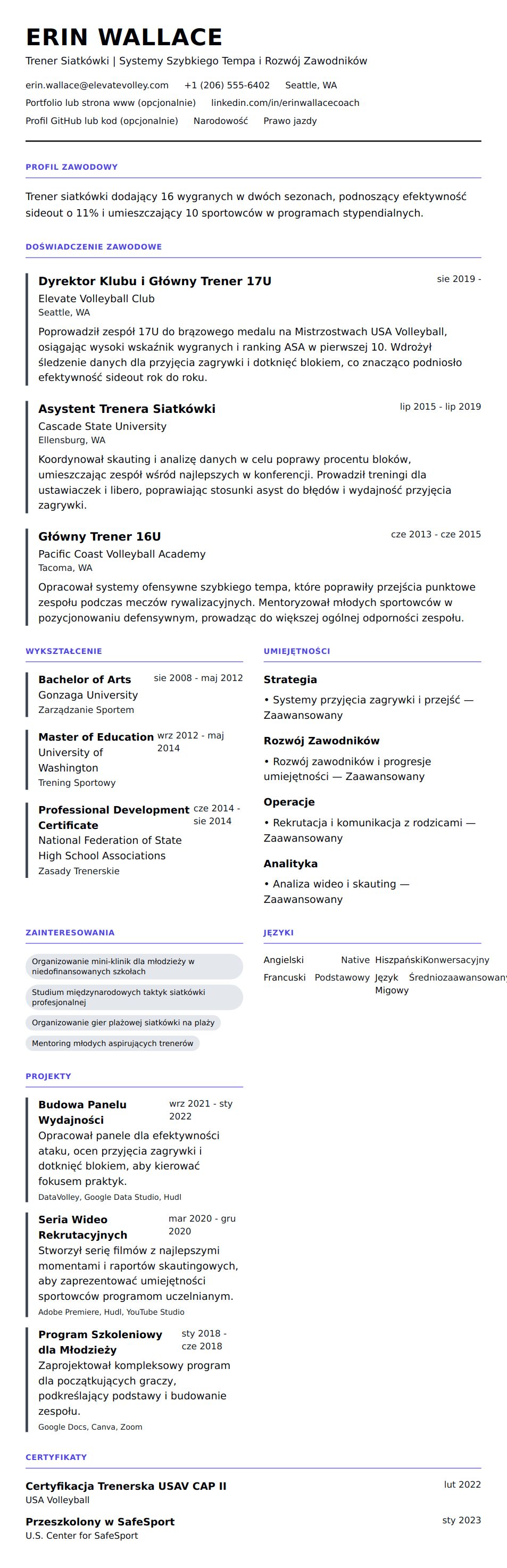 Podgląd CV Przykładowe CV Trenera Siatkówki