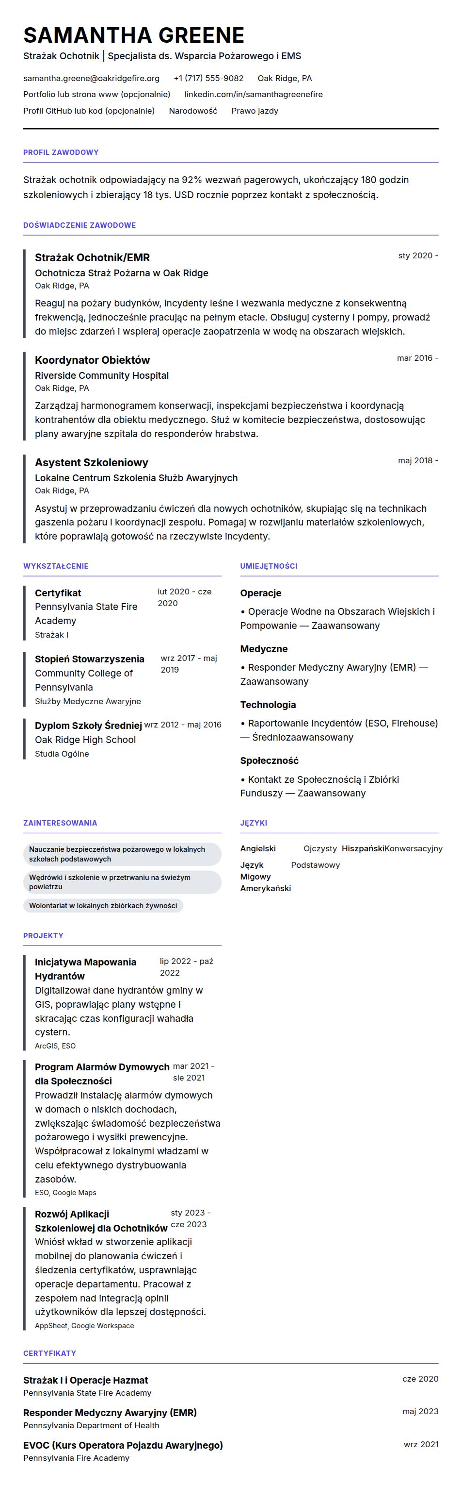 Podgląd CV Przykład CV Strażaka Ochotnika