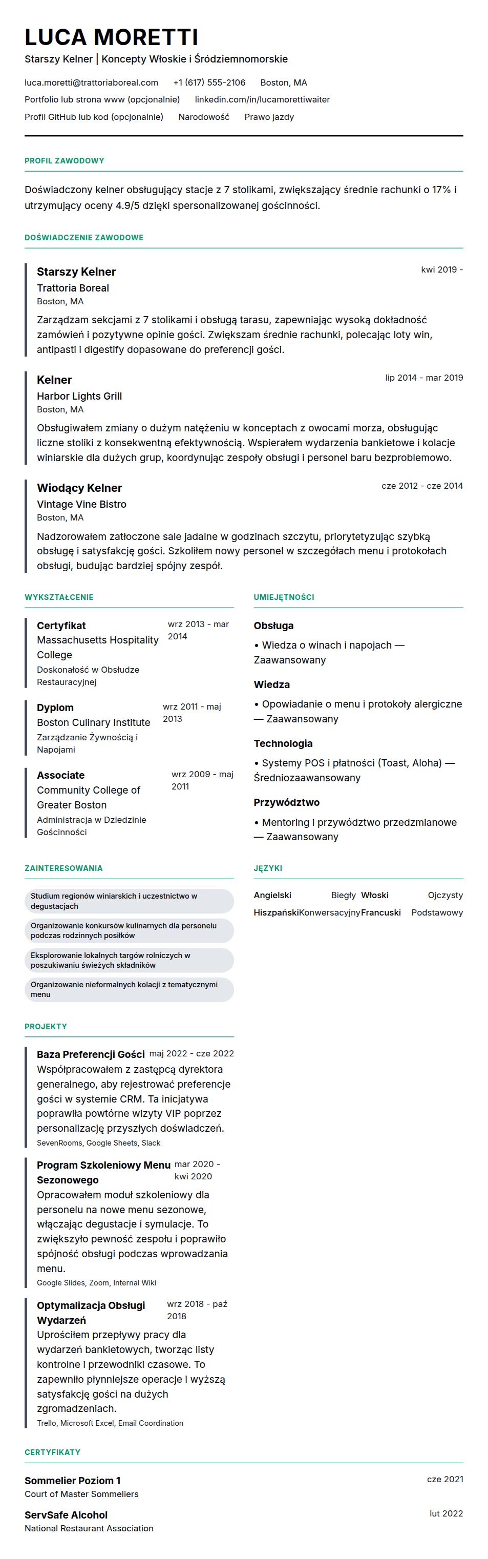 Podgląd CV Przykładowe CV Kelnera