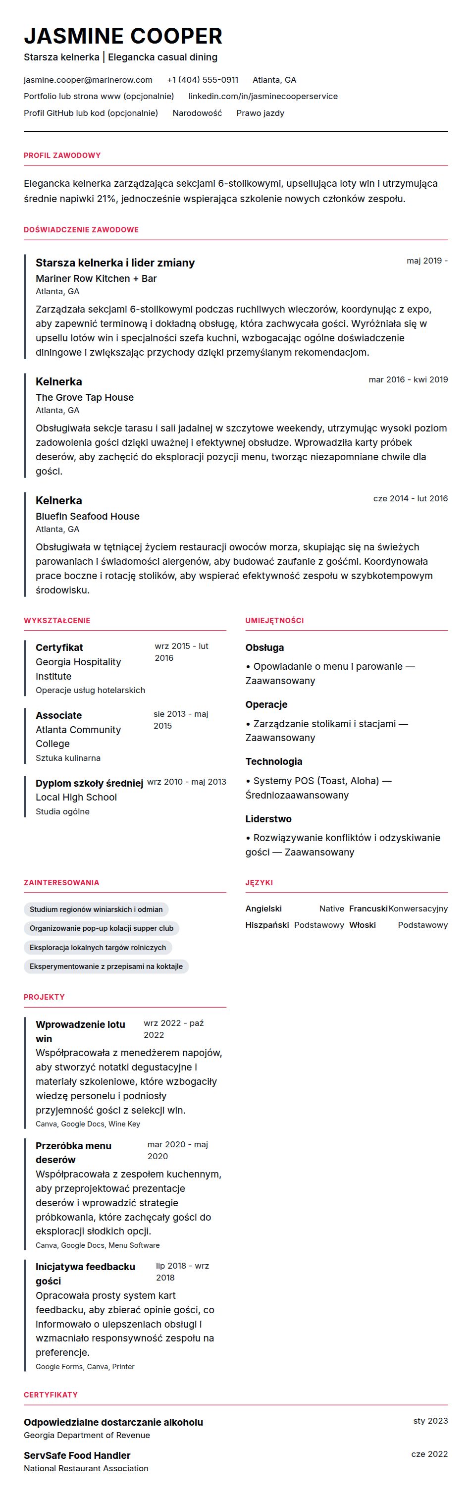 Podgląd CV Przykładowe CV kelnerki