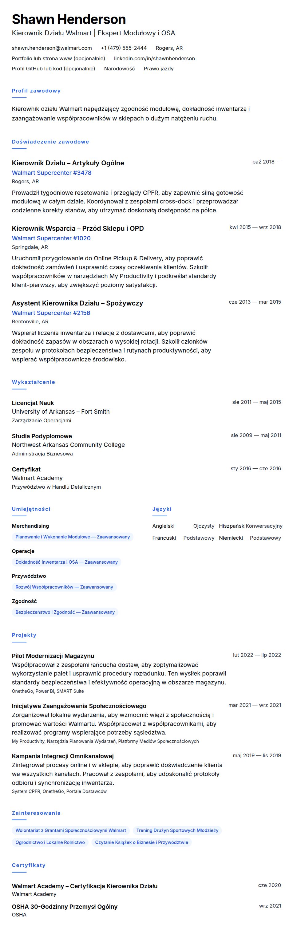 Podgląd CV Przykładowe CV Kierownika Działu Walmart