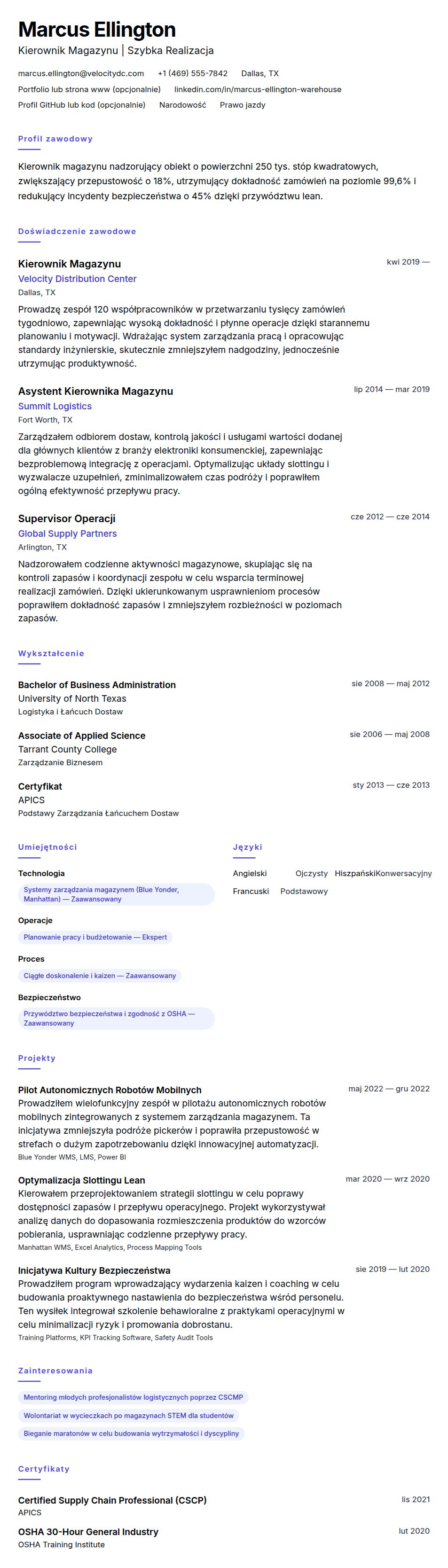 Podgląd CV Przykładowe CV Kierownika Magazynu