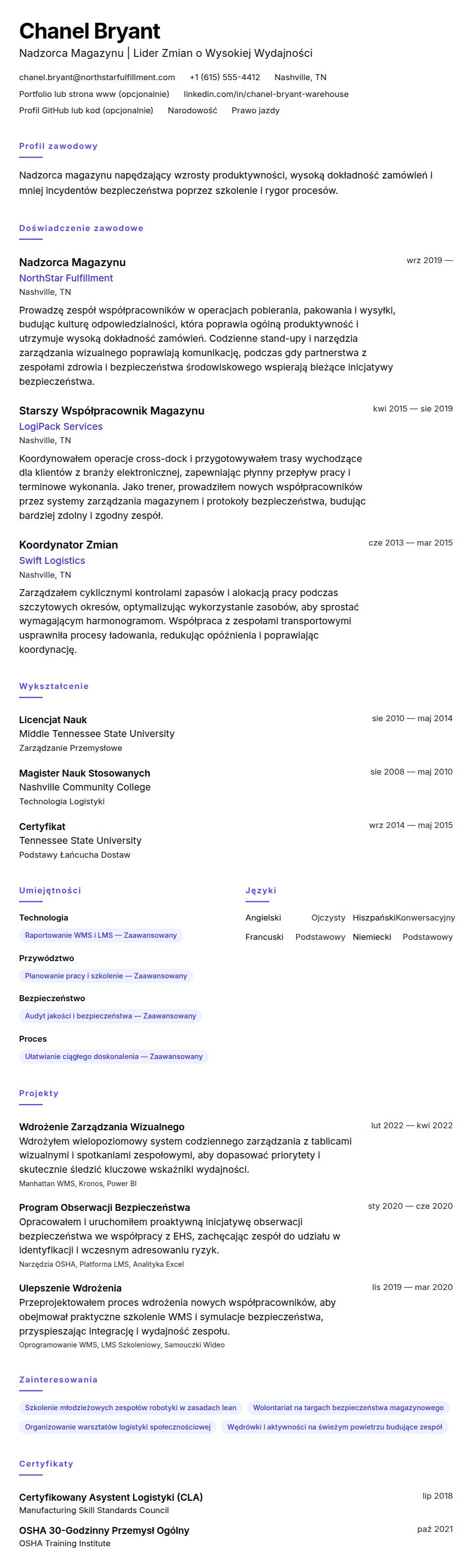 Podgląd CV Przykładowe CV Nadzorcy Magazynu