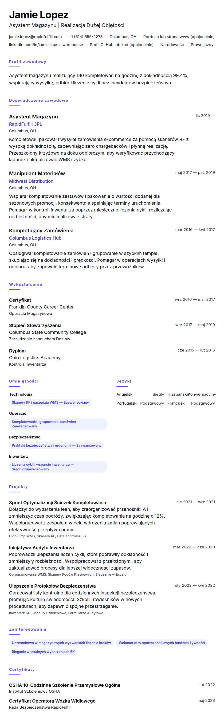 Podgląd CV Przykładowe CV Pracownika Magazynu