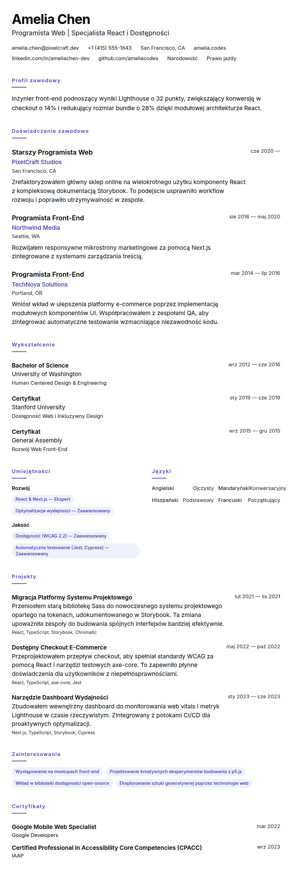 Podgląd CV Przykład CV Programisty Web