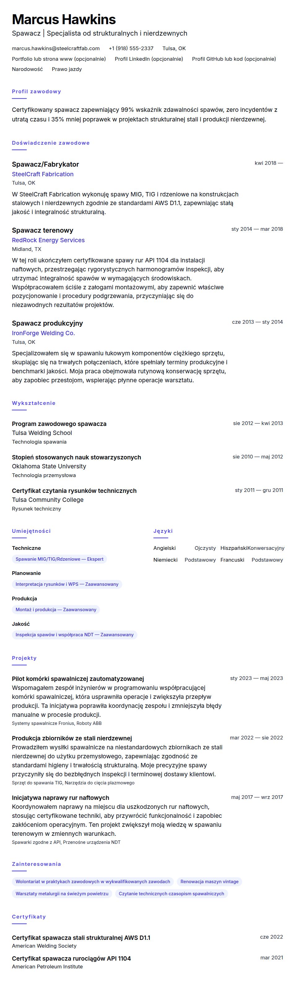 Podgląd CV Przykładowe CV spawacza