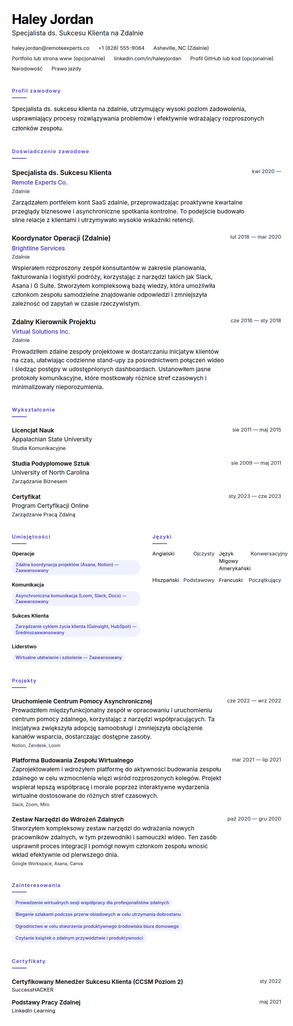 Podgląd CV Przykładowe CV Specjalisty Pracującego z Domu