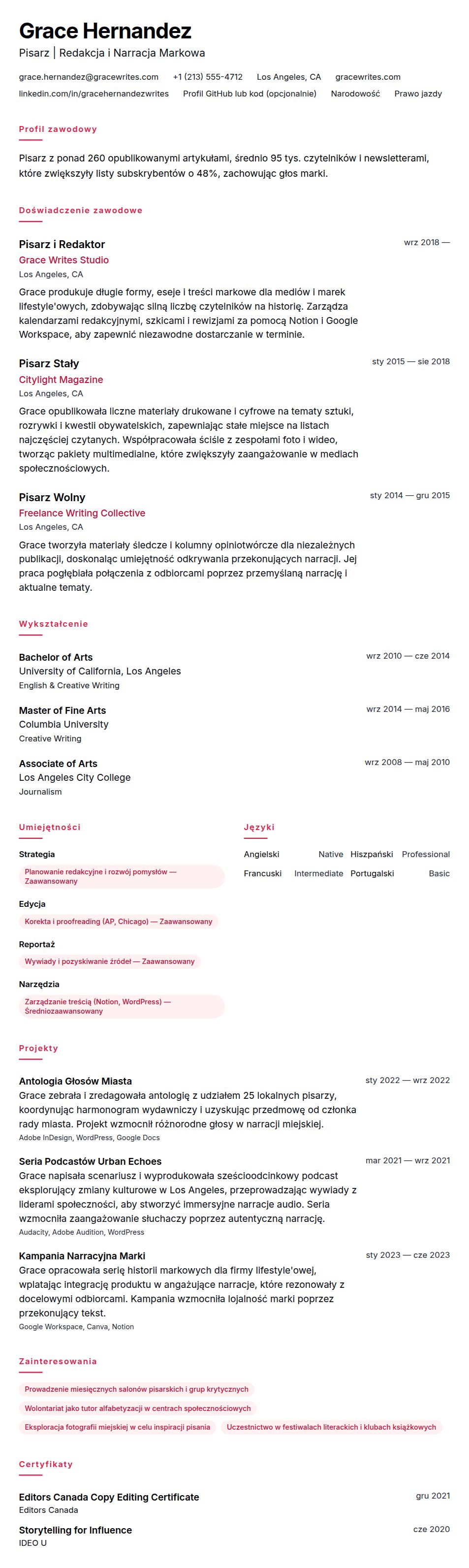 Podgląd CV Przykładowe CV Pisarza