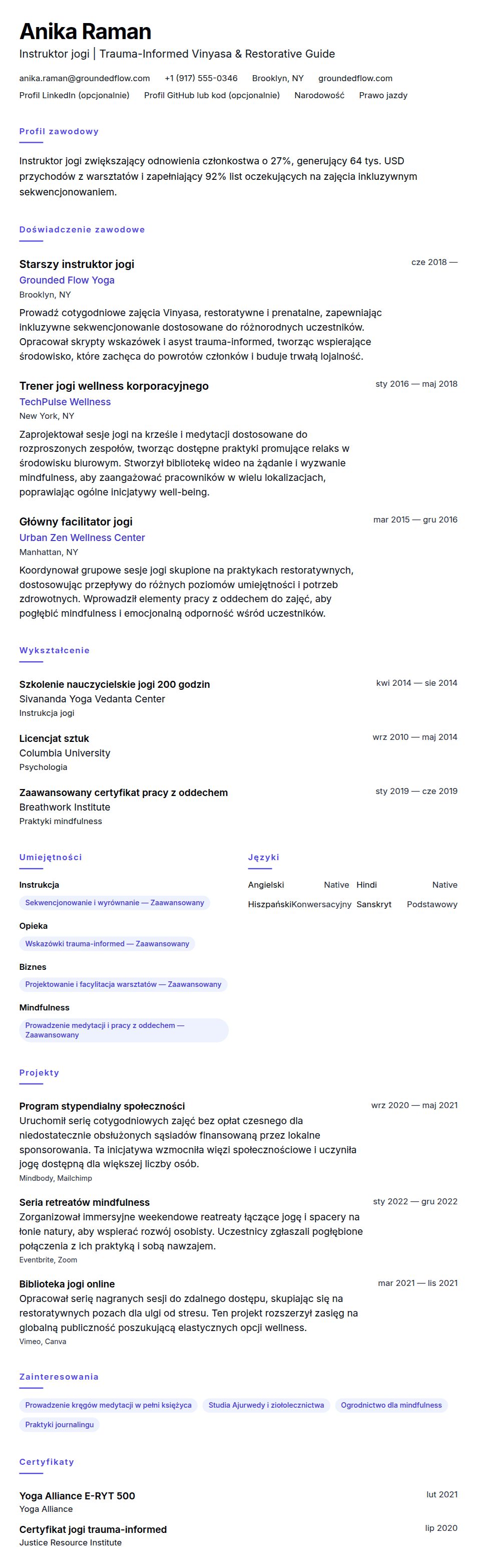 Podgląd CV Przykład CV instruktora jogi
