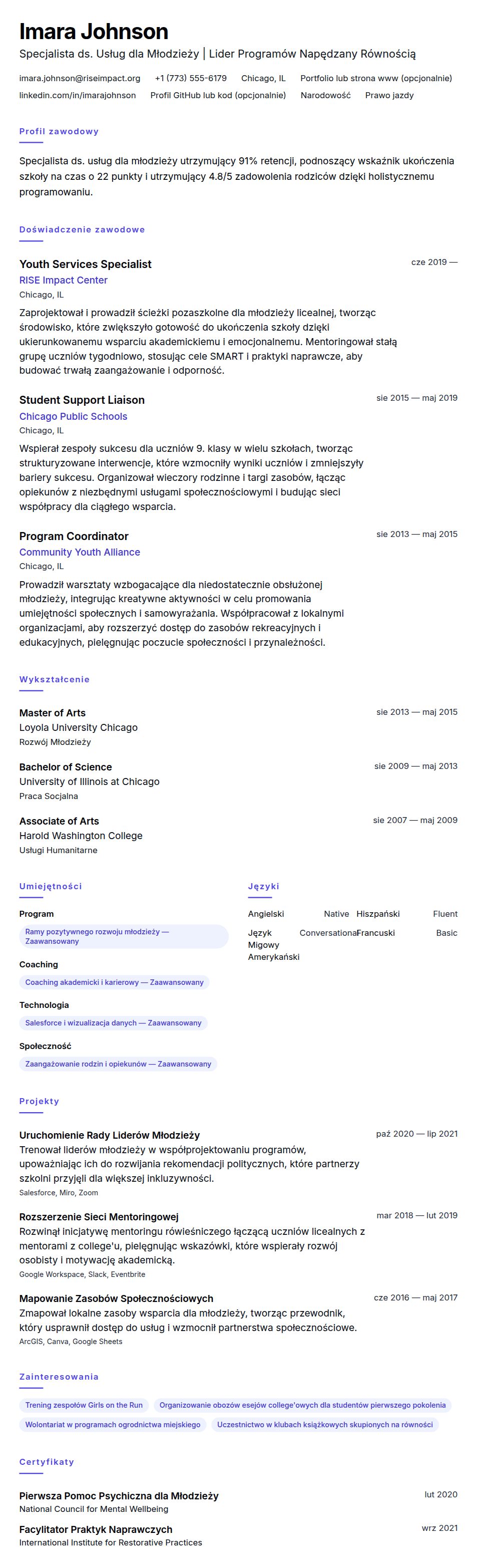 Podgląd CV Przykładowe CV Specjalisty ds. Usług dla Młodzieży