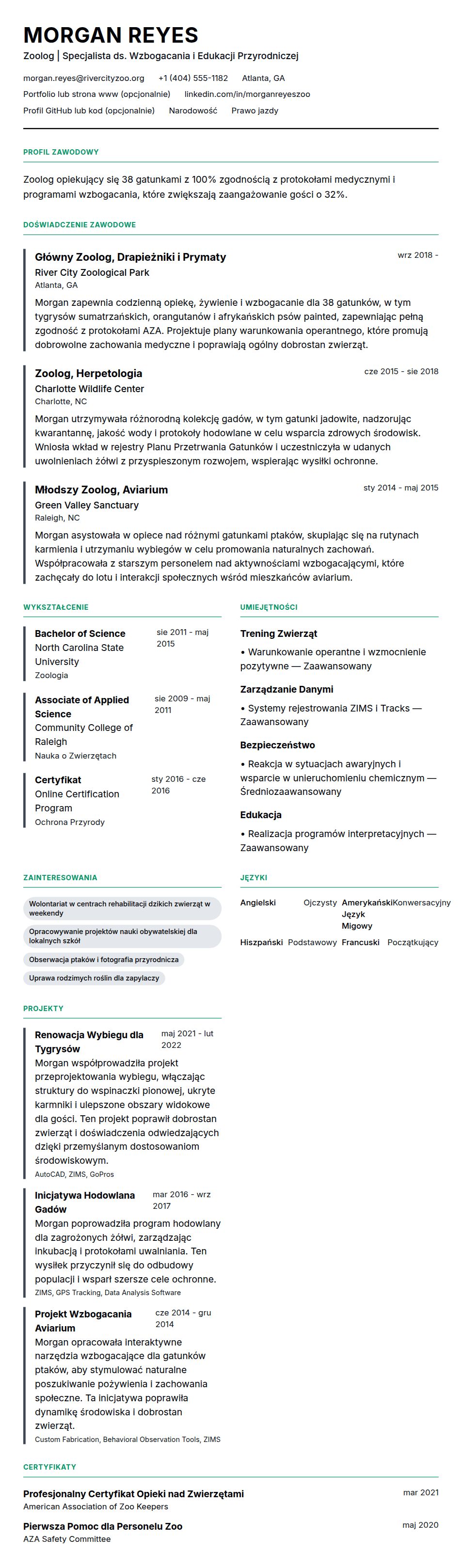 Podgląd CV Przykład CV Zoologa
