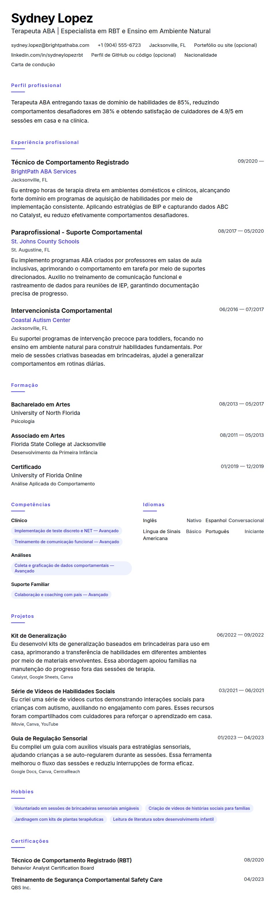Pré-visualização do currículo Exemplo de Currículo de Terapeuta ABA