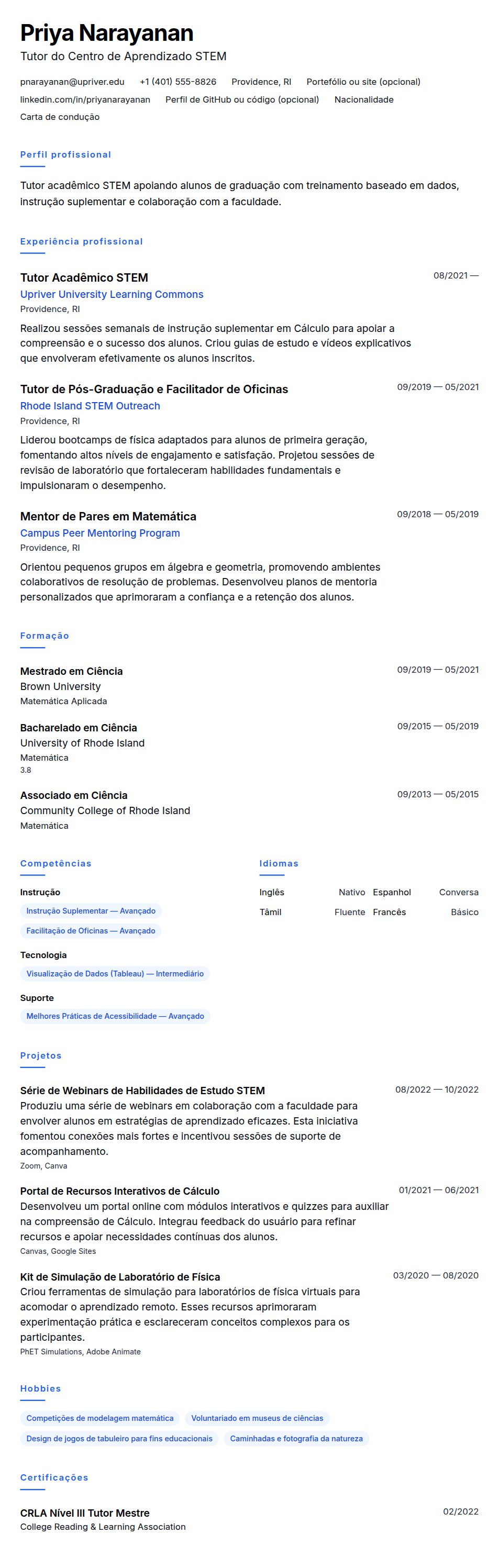 Pré-visualização do currículo Exemplo de Currículo de Tutor Acadêmico