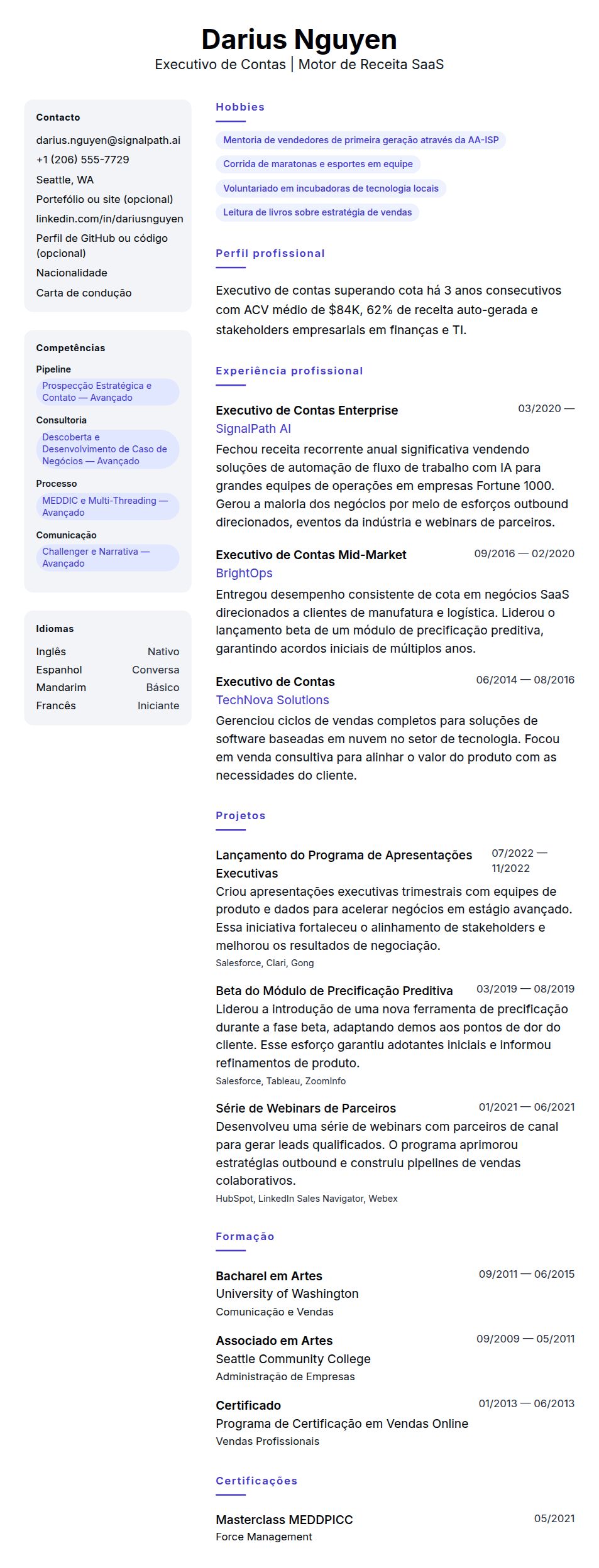 Exemplo de Currículo para Executivo de Contas