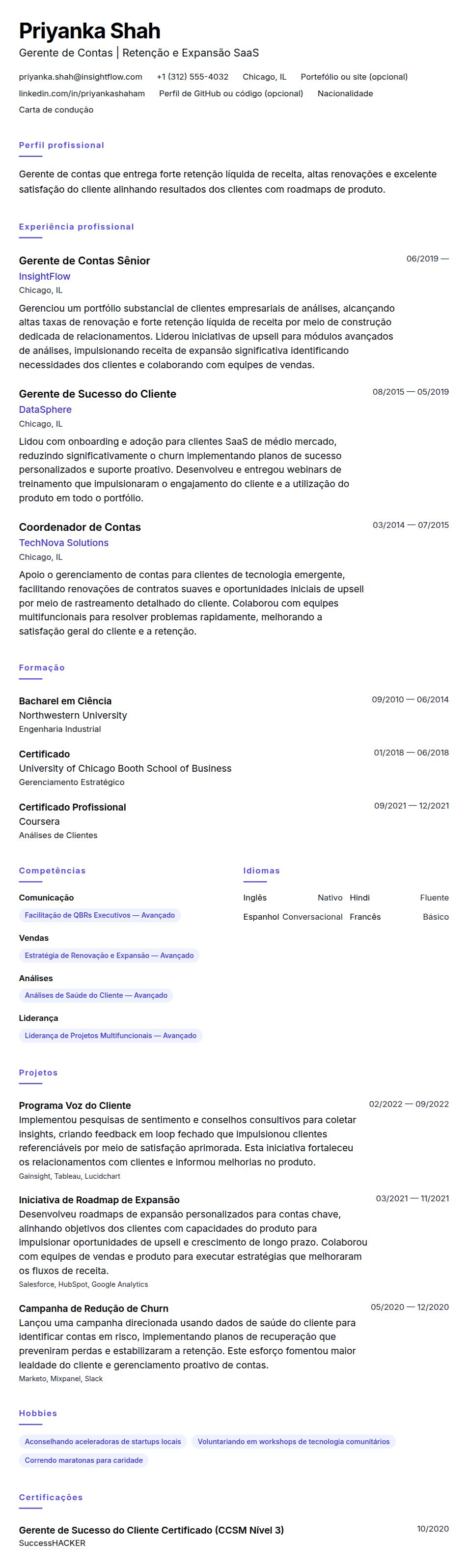 Exemplo de Currículo de Gerente de Contas