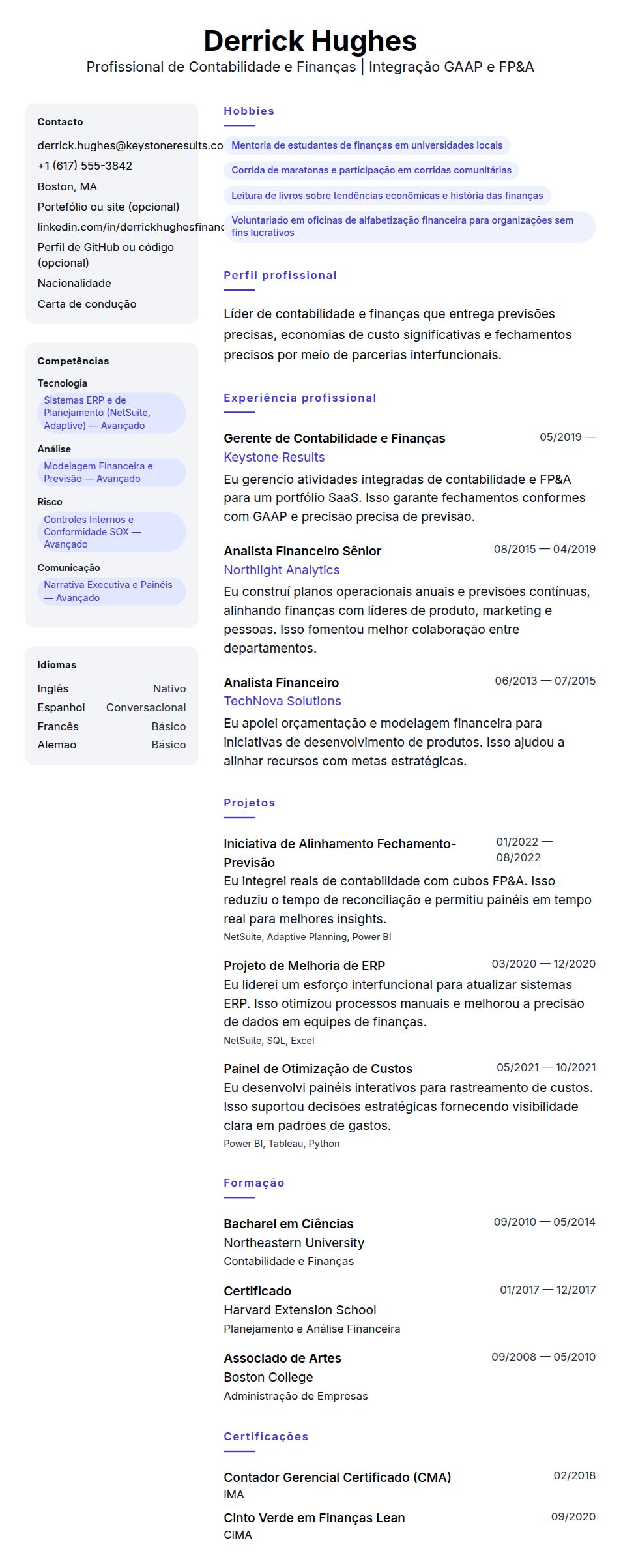 Pré-visualização do currículo Exemplo de Currículo de Profissional de Contabilidade e Finanças