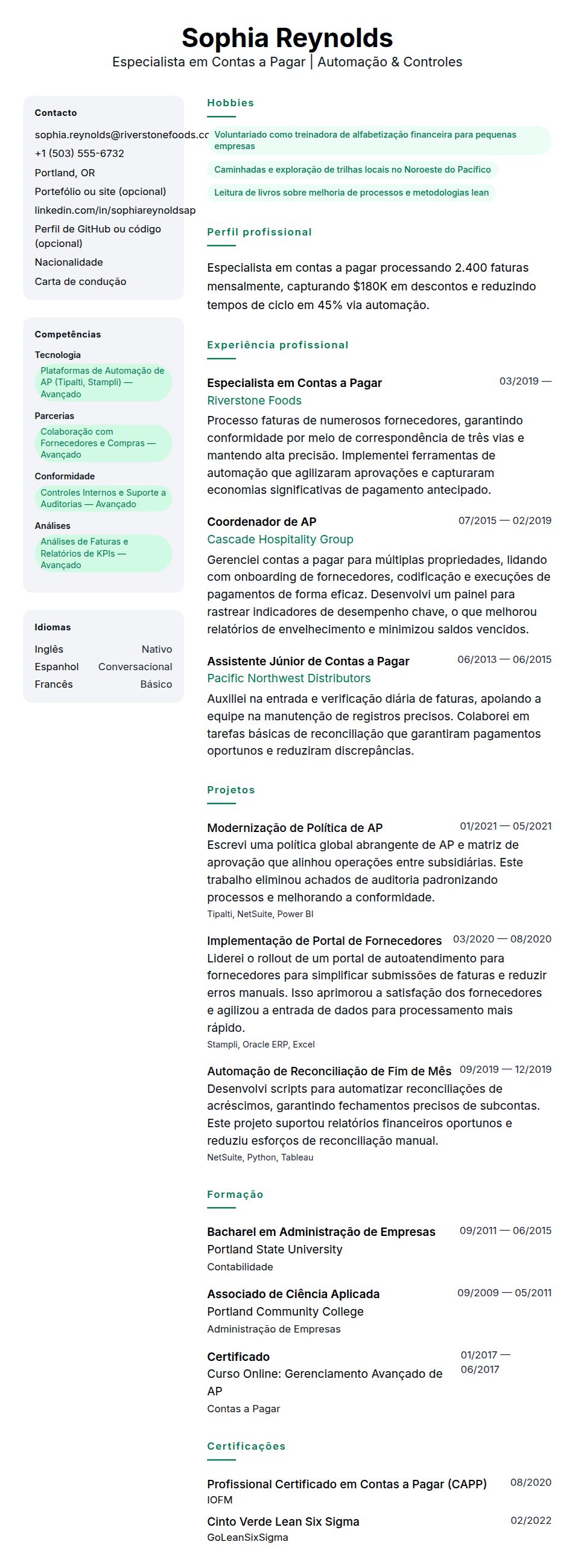 Pré-visualização do currículo Exemplo de Currículo para Especialista em Contas a Pagar