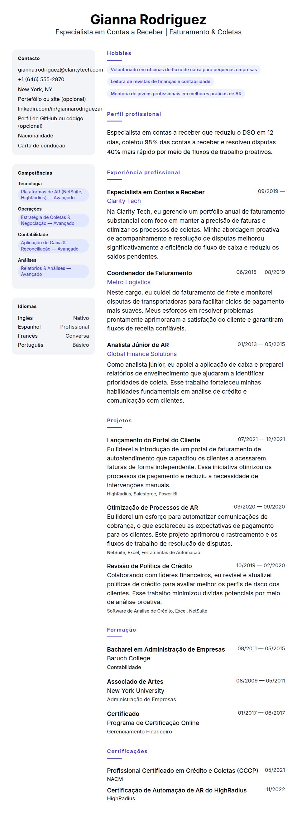 Pré-visualização do currículo Exemplo de Currículo de Especialista em Contas a Receber