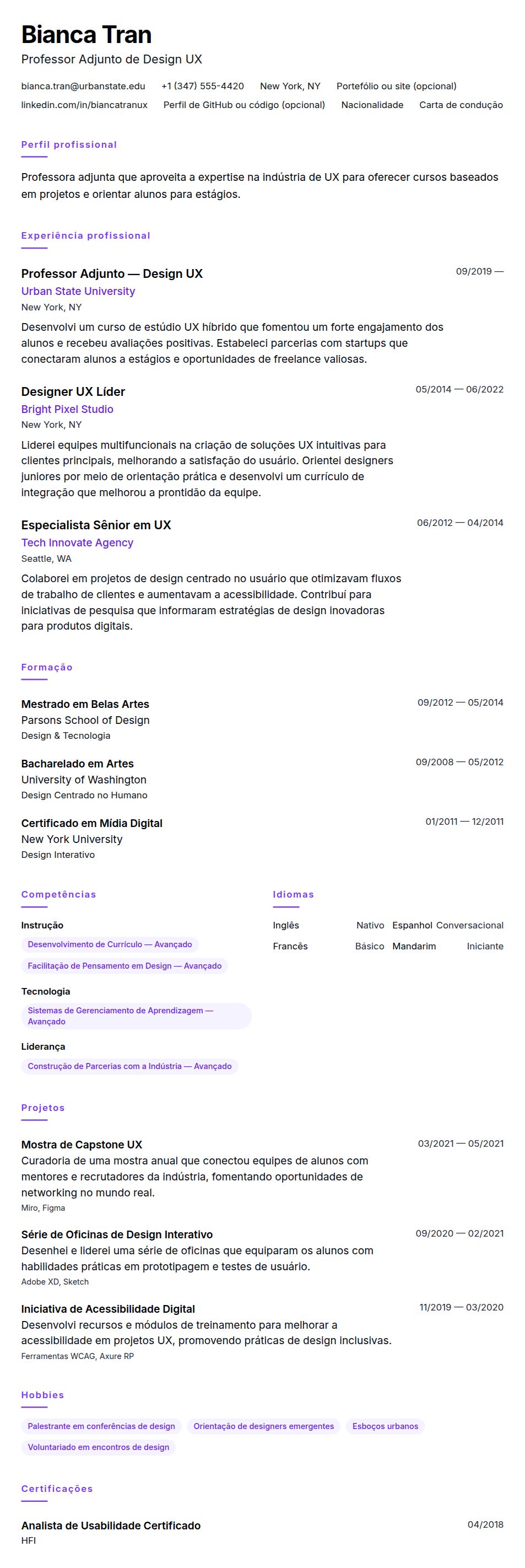 Exemplo de Currículo para Professor Adjunto