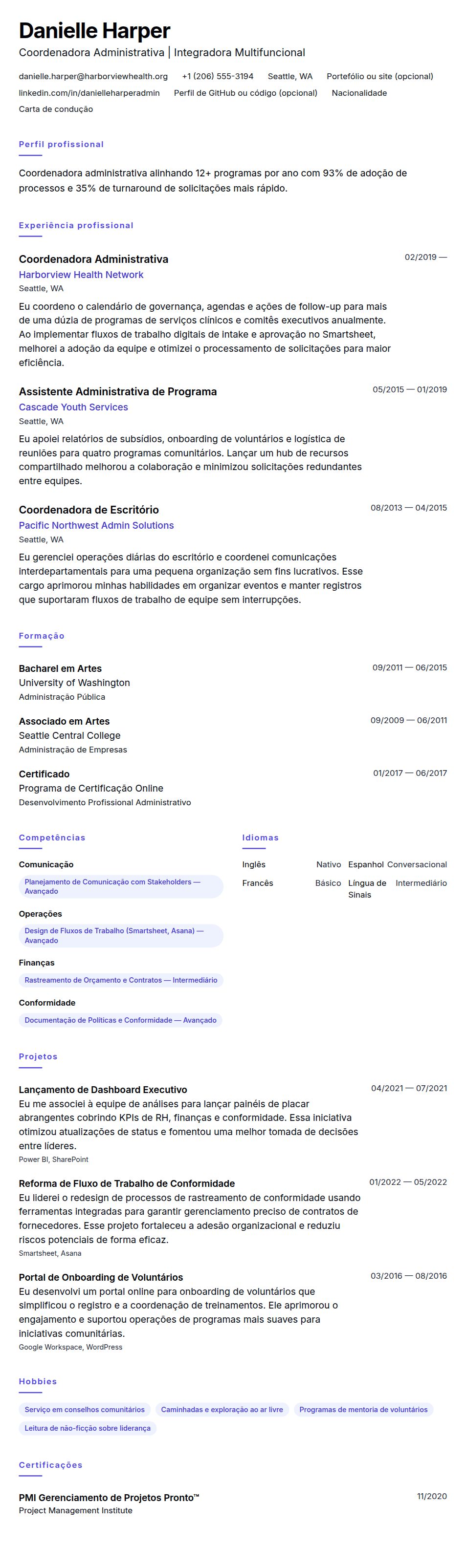 Exemplo de Currículo de Coordenador Administrativo