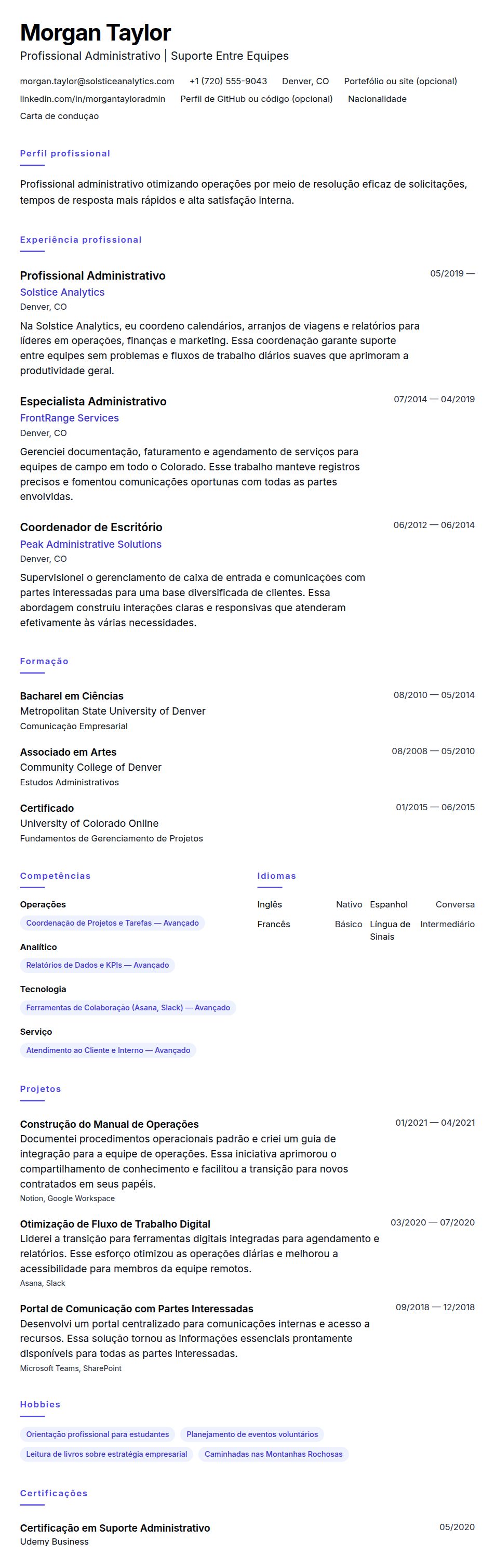 Pré-visualização do currículo Exemplo de Currículo para Profissional Administrativo