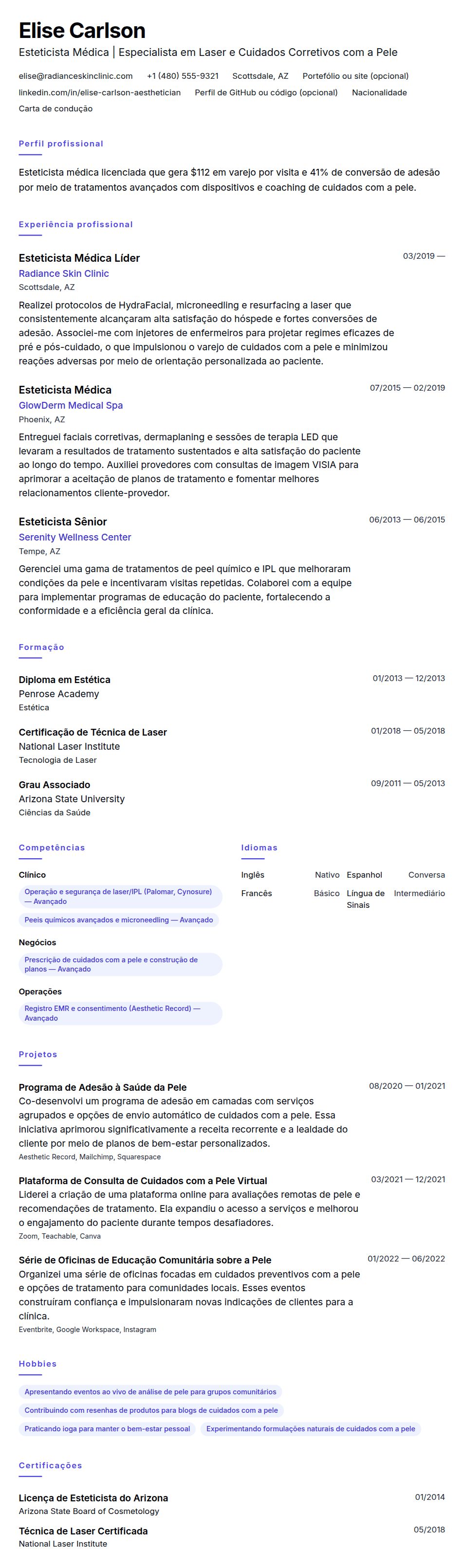 Pré-visualização do currículo Exemplo de Currículo de Esteticista Médica