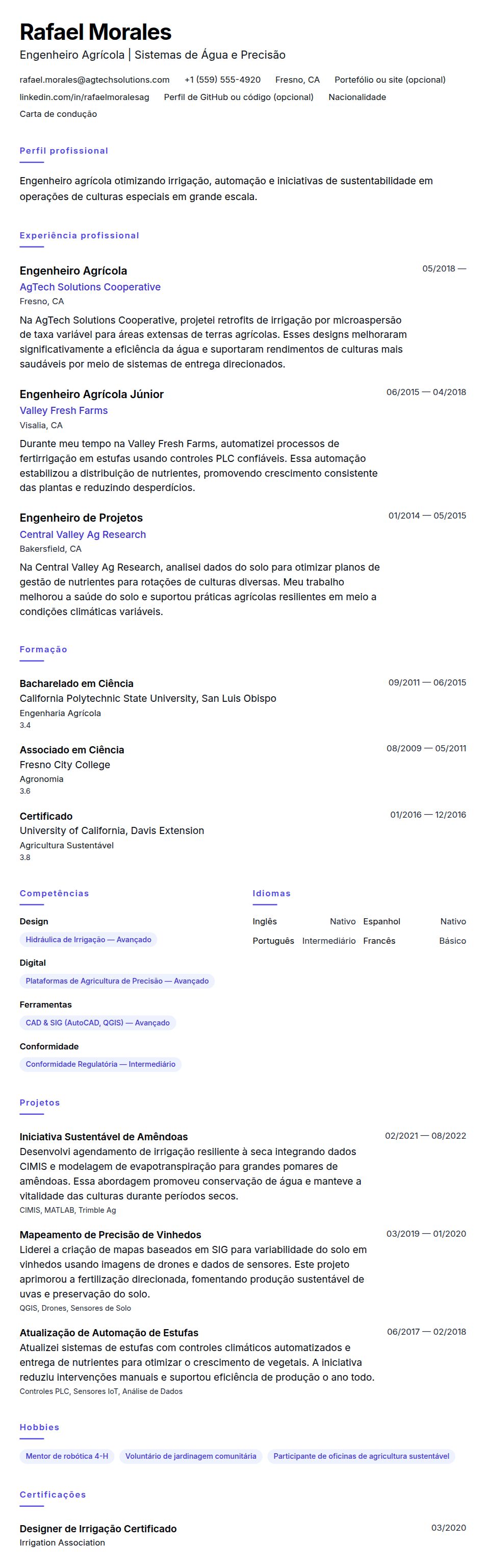 Exemplo de Currículo de Engenheiro Agrícola
