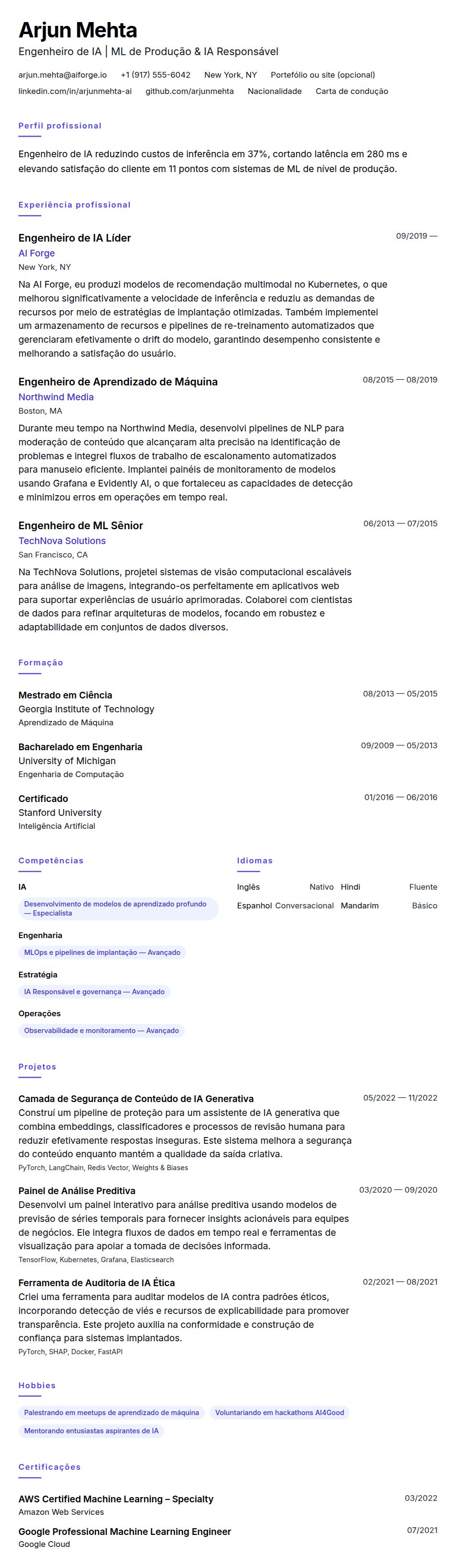 Pré-visualização do currículo Exemplo de Currículo de Engenheiro de IA