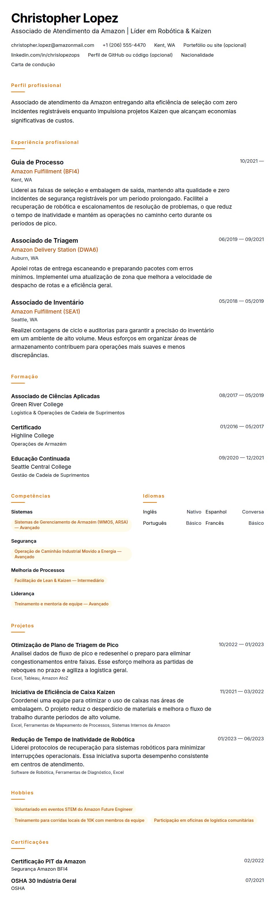Pré-visualização do currículo Exemplo de Currículo de Associado da Amazon
