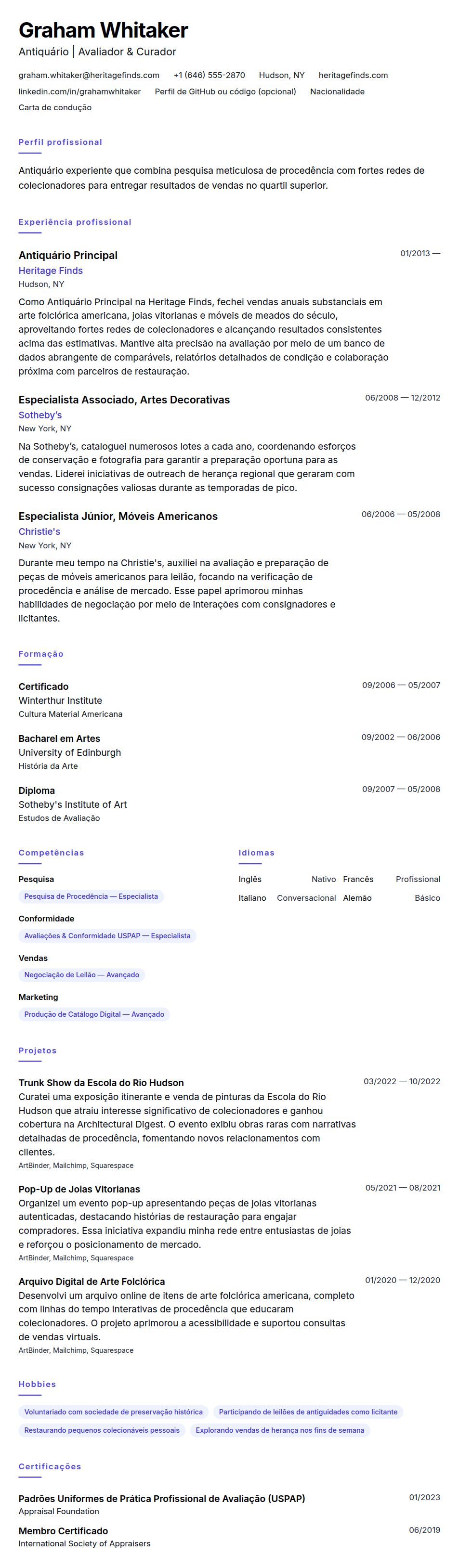 Pré-visualização do currículo Exemplo de Currículo de Antiquário