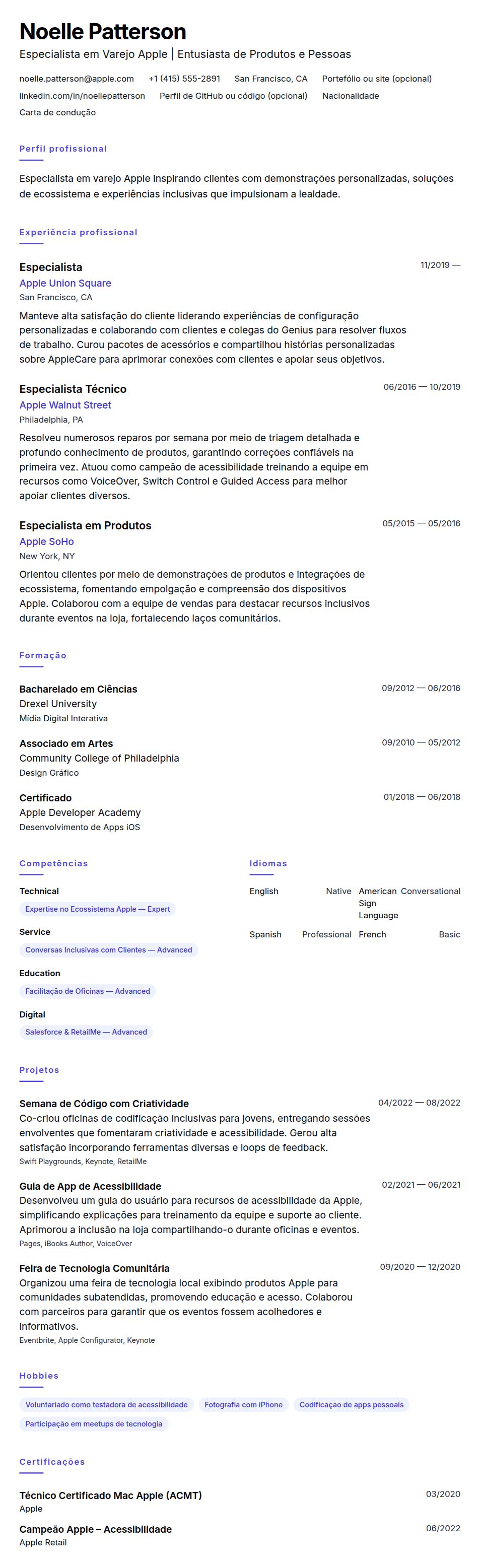 Pré-visualização do currículo Exemplo de Currículo de Especialista em Varejo Apple