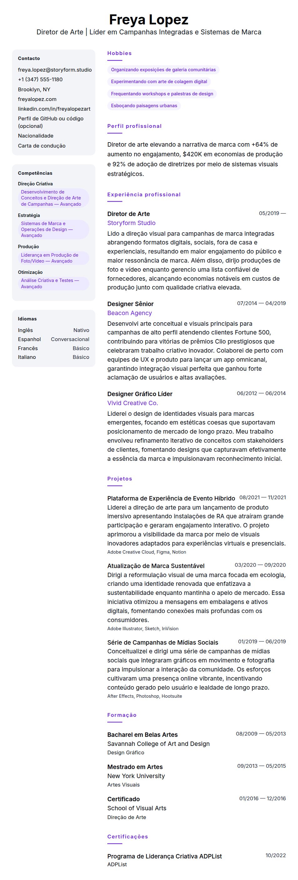 Pré-visualização do currículo Exemplo de Currículo de Diretor de Arte