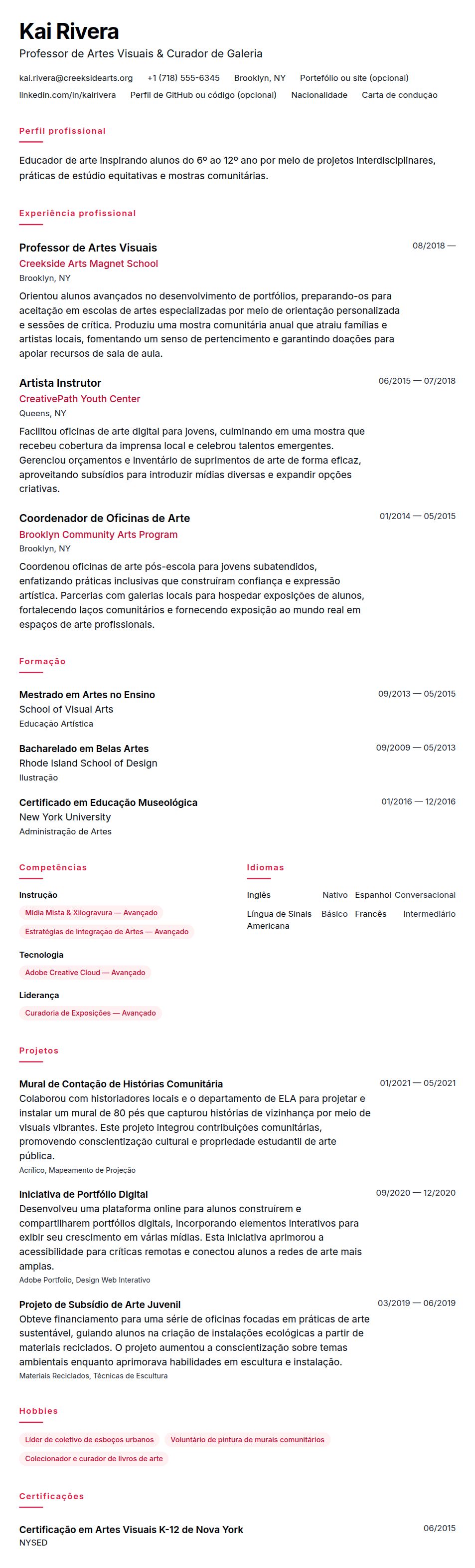 Exemplo de Currículo para Professor de Arte