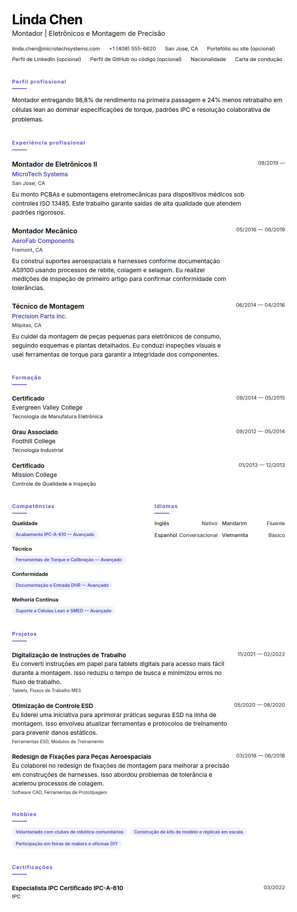 Pré-visualização do currículo Exemplo de Currículo de Montador