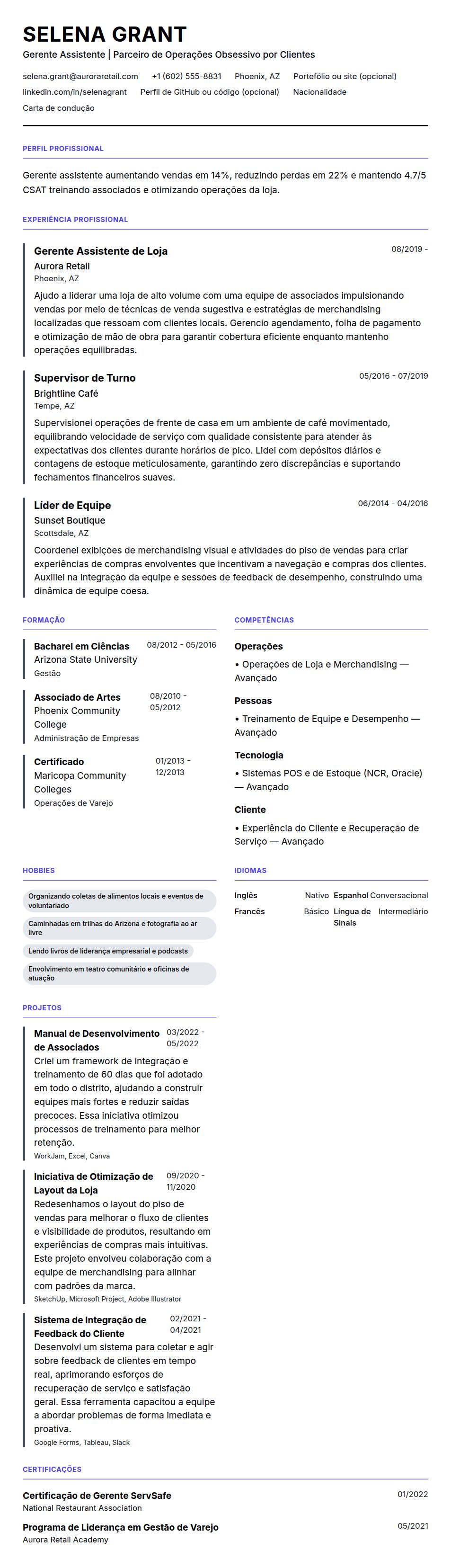 Pré-visualização do currículo Exemplo de Currículo de Gerente Assistente