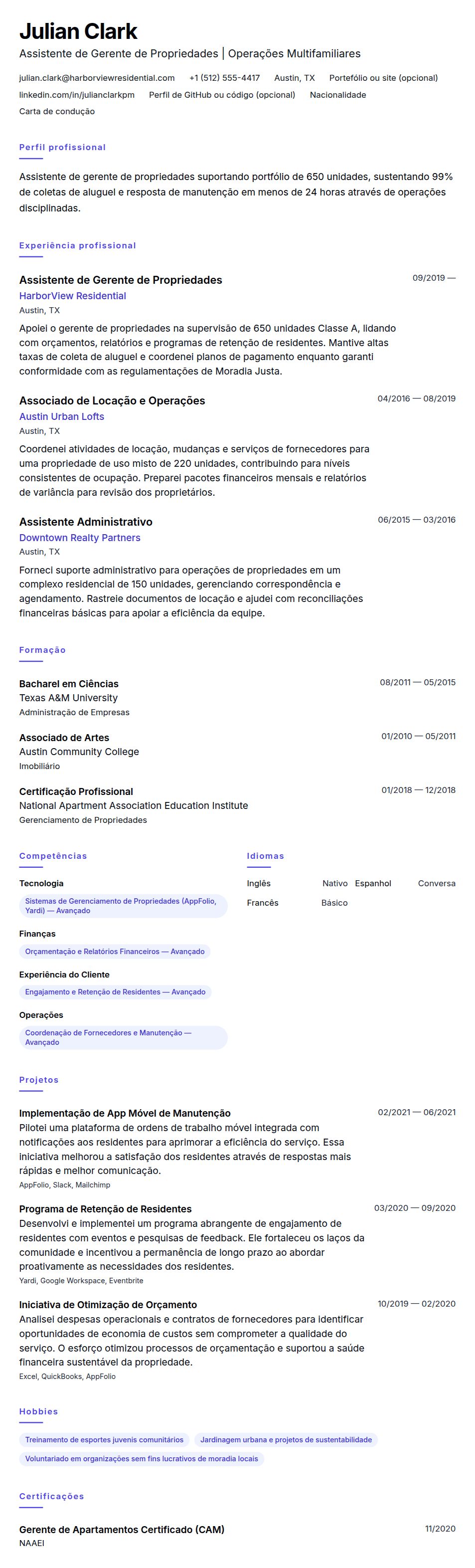 Pré-visualização do currículo Exemplo de Currículo de Assistente de Gerente de Propriedades