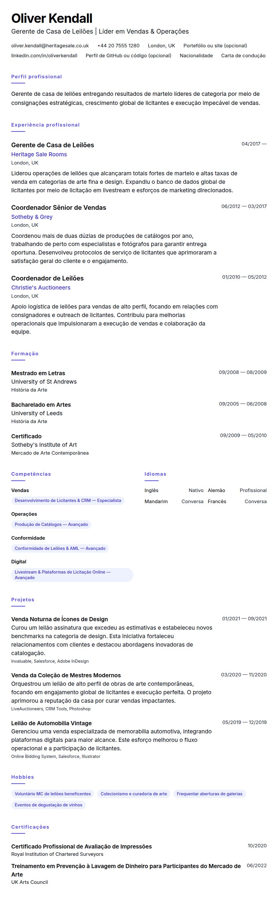 Exemplo de Currículo para Gerente de Casa de Leilões