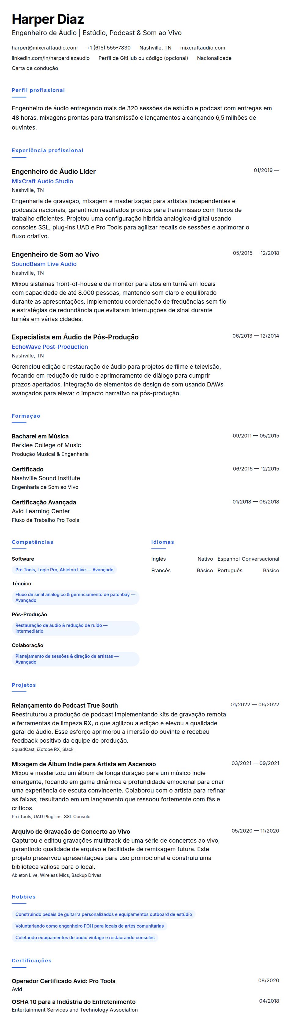 Pré-visualização do currículo Exemplo de Currículo para Engenheiro de Áudio