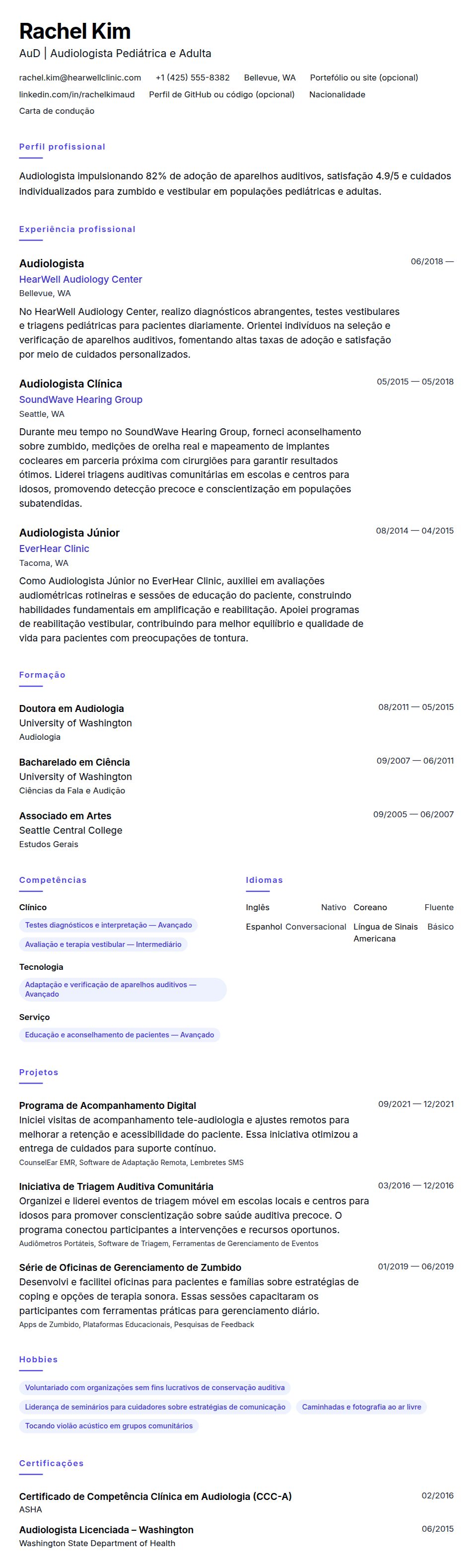 Pré-visualização do currículo Exemplo de Currículo de Audiologista